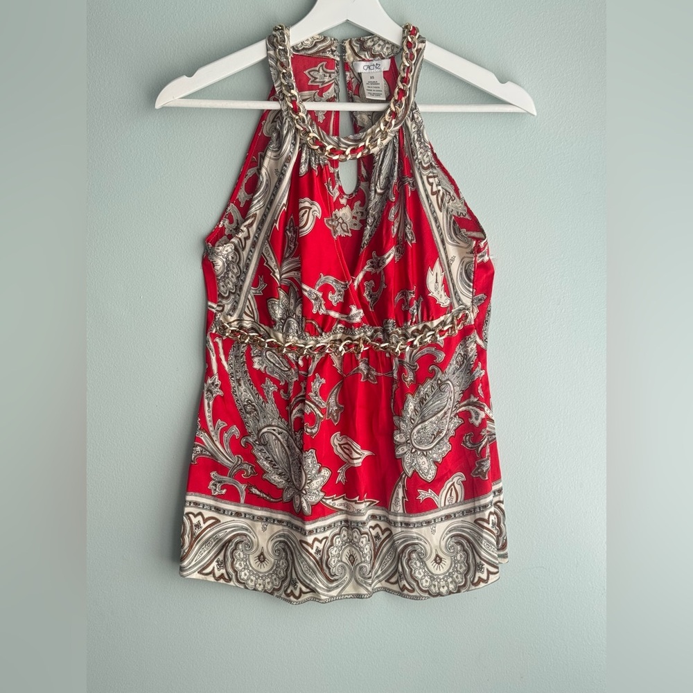 Cache red paisley silk halter top